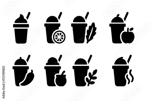 Shake Flavor Icons. Solid, filled icon set of shake flavors: sweet, sour, bitter, fruity, spicy, creamy, herbal, smoky. Solid, filled icons in only black