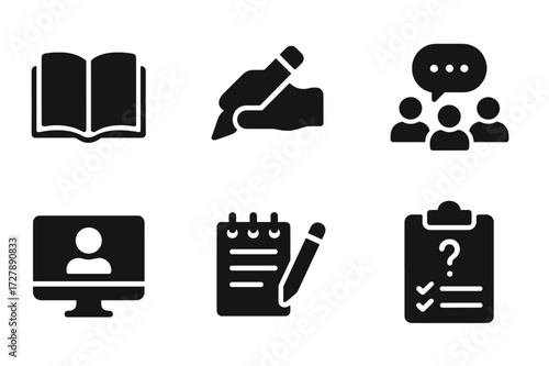 Study Methods Icons. Solid, filled icon set of study methods: reading, writing, flashcards, group discussion, online course, note-taking, mind map, quiz.