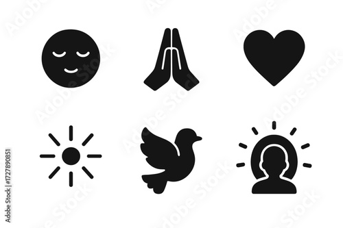 Spirit World Icon Set. Solid, filled icon set of spirit world emotions: calm face, closed eyes, praying hands, heart symbol, light rays, peaceful dove, glowing