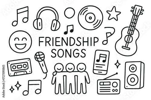 Friendship Music Icons. Hand-drawn doodle illustration Friendship songs and playlists [music notes, headphones, record, heart, star, guitar, microphone,