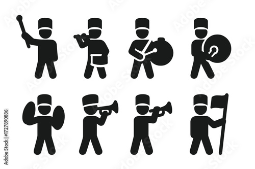 Military Band Icons. Solid, filled icon set of battle rhythm military bands: drum major, fife player, snare drummer, bass drummer, cymbal player, bugler,