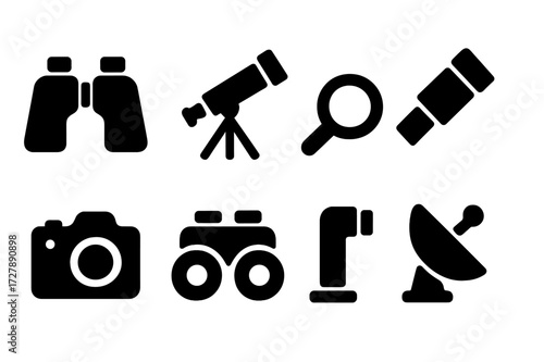 Black Watcher Tools Icons. Solid, filled icon set of watcher tools: binoculars, telescope, magnifying glass, spyglass, camera, night vision goggles, periscope,
