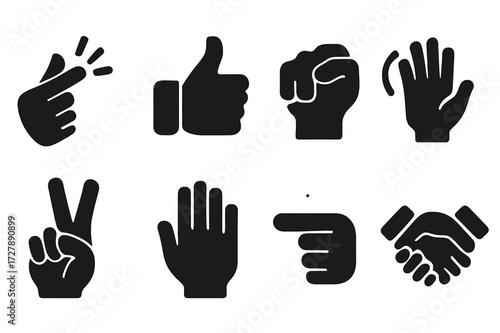 Clapping Gesture Icons. Solid, filled icon set of clapping related gestures: finger snap, thumbs up, fist pump, wave, peace sign, raised hand, pointing finger,