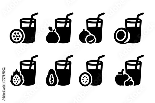 Tropical Juice Icons. Solid, filled icon set of tropical juices: passion fruit juice, guava juice, lychee juice, coconut water, dragon fruit juice, papaya