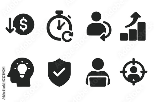 Outsourcing Benefits Icons. Solid, filled icon set of outsourcing benefits: cost reduction, time saving, flexibility, scalability, expertise, innovation, risk