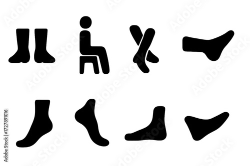 Foot Position Icons. Solid, filled icon set of feet positions: standing, sitting, crossed legs, toes pointed, heels raised, foot flexed, heel down, foot