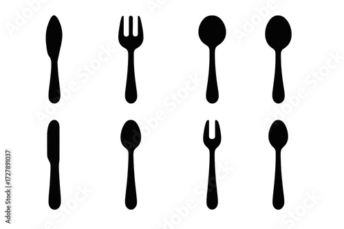Formal Silverware Icons. Solid, filled icon set of formal silverware: fish knife, oyster fork, soup ladle, bouillon spoon, butter spreader, demitasse spoon,