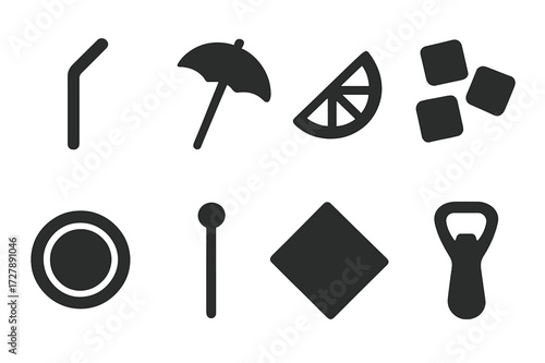 Drink Accessory Icons. Solid, filled icon set of drink accessories: straw, cocktail umbrella, lemon wedge, ice cubes, coaster, stirrer, napkin, bottle opener.