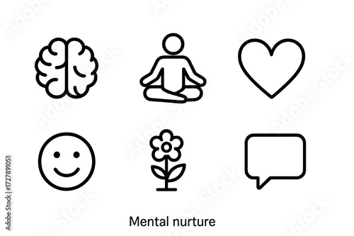Mindfulness Icon Set. Outline icon set of mental nurture: brain, meditation pose, heart, book, smiley face, flower, candle, speech bubble. Line icons in only