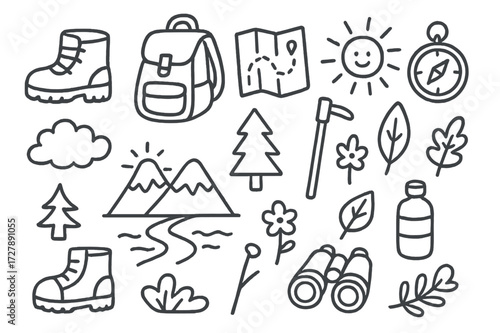 Hiking Adventure Icons. Hand-drawn doodle illustration hiking adventure boots, backpack, map, compass, mountain, sun, cloud, star, tree, walking stick, leaf,