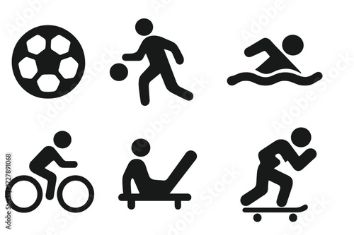 Dynamic Sports Icons. Solid, filled icon set of dynamic sports: soccer ball, basketball player, runner, swimmer, cyclist, gymnast, boxer, skateboarder. Solid,