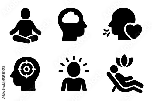 Mindfulness Icon Set. Solid, filled icon set of warm-up mental focus: meditation, visualization, deep breathing, positive affirmation, goal setting,