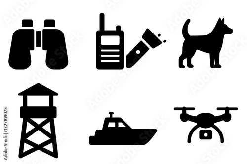 Border Patrol Tools. Solid, filled icon set of border patrol tools: binoculars, radio, flashlight, guard dog, watchtower, patrol boat, patrol car, drone.