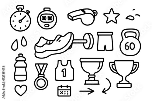 Fitness Doodle Icons. Hand-drawn doodle illustration Stopwatch and sports stopwatch, whistle, running shoe, dumbbell, kettlebell, star, sweat drops, water