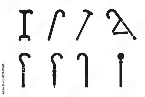 Diverse Cane Icons. Solid, filled icon set of cane types by function: orthopedic cane, fashion cane, hiking cane, folding cane, adjustable cane, decorative