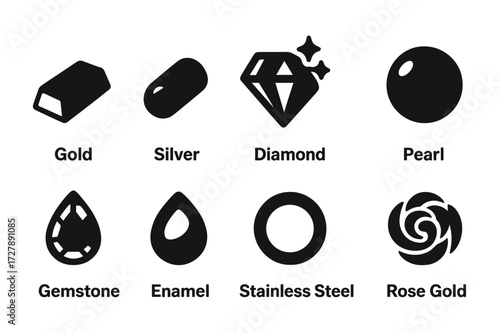 Earring Material Icons. Solid, filled icon set of earring materials: gold, silver, diamond, pearl, gemstone, enamel, stainless steel, rose gold. Solid, filled