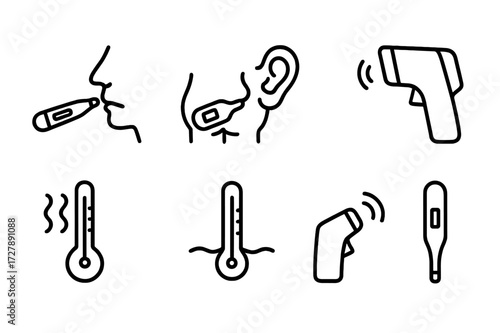 Thermometer Icon Set. Outline icon set of thermometer measurement methods: oral, rectal, ear, forehead, ambient air, liquid temperature, infrared scanning,