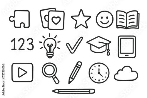 Educational Doodle Icons. Hand-drawn doodle illustration Memory games puzzle piece, cards, star, smiley face, book, numbers, lightbulb, checkmark, graduation