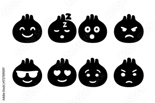 Bun Emoji Icons. Solid, filled icon set of bun facial expressions (emojis): happy bun, sleepy bun, surprised bun, angry bun, cool bun, love-struck bun, shy