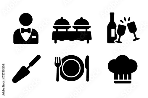 Celebration Food Icons. Solid, filled icon set of celebration food service: waiter, buffet table, serving tray, wine bottle, glass clink, cake server, dining
