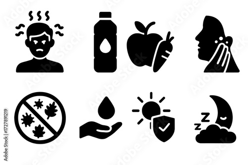 Eczema Management Icons. Solid, filled icon set of eczema lifestyle: stress management, hydration, healthy diet, gentle skincare, avoiding allergens, regular