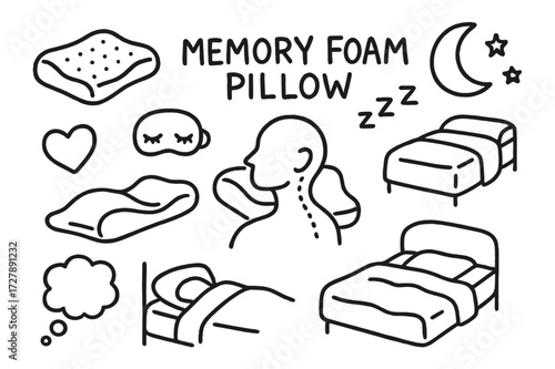 Cozy Pillow Dreams. Hand-drawn doodle illustration Memory foam pillow [pillow shape, head outline, neck support, spine line, sleep mask, zzz symbol, moon,