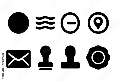 Postmark Icon Set. Solid, filled icon set of postmark: circular postmark, wavy lines, cancellation stamp, date stamp, location stamp, postage mark, envelope