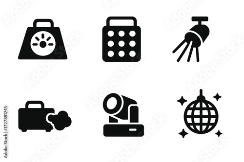 DJ Lighting Icons. Solid, filled icon set of DJ lighting effects: strobe light, LED panel, laser beam, spotlight, disco ball, fog machine, moving head light,