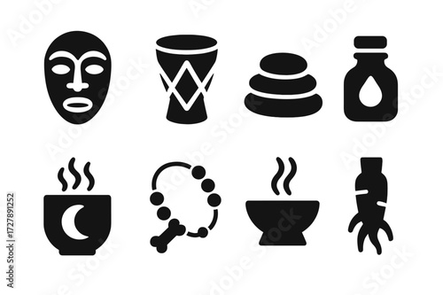 Ritual Healing Icons. Solid, filled icon set of ritual healing: chant mask, rhythm drum, circle stones, healing oil, moon milk, bone beads, ancestral smoke,