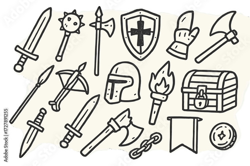 Medieval Weapons Doodle. Hand-drawn doodle illustration medieval weapons sword, mace, halberd, shield, spear, crossbow, helmet, gauntlet, dagger, torch, axe,