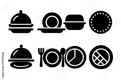 Food Service Plate Icons. Solid, filled icon set of plate in food service: buffet plate, tray plate, takeout plate, disposable plate, catering plate,