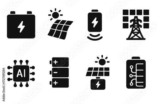 Solar Battery Innovation Icons. Solid, filled icon set of solar battery innovation: solid-state battery, flexible panel, wireless charging, smart grid, AI