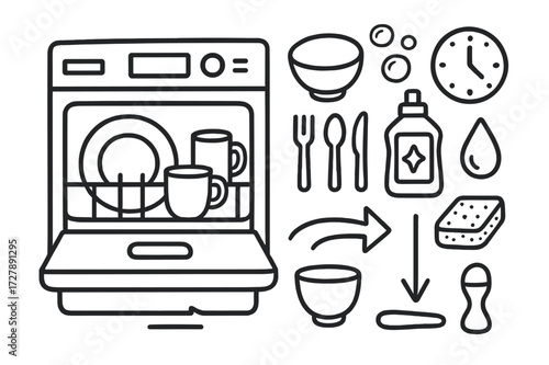 Dishwasher Doodle Icons. Hand-drawn doodle illustration Loading dishwasher dishwasher door, open rack, plate, cup, spoon, fork, knife, bowl, glass, bubbles,