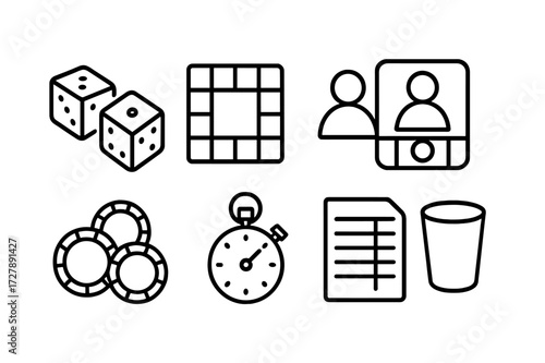 Dice Gaming Icons. Outline icon set of dice gaming: dice, game board, chips, players, betting area, timer, score sheet, dice cup. Line icons in only black