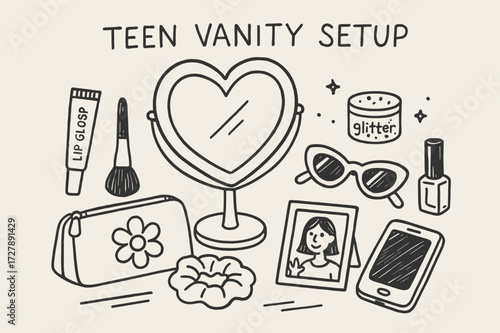 Teen Vanity Essentials. Hand-drawn doodle illustration [teen vanity setup] [heart-shaped mirror, lip gloss, brush, makeup case, glitter pot, sunglasses, mobile
