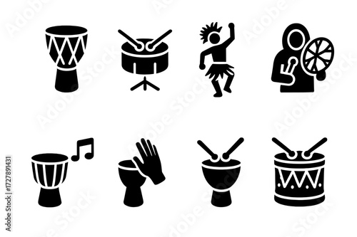 Traditional Drum Icon Set. Solid, filled icon set of hand drum history and culture: tribal drum, ceremonial drum, traditional dance, shamanic drum, folk music,