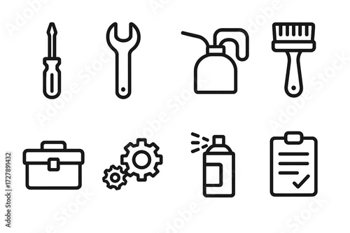 Weapon Maintenance Tools. Outline icon set of weapon crate maintenance tools: screwdriver, wrench, oil can, cleaning brush, toolbox, spare parts, lubricant
