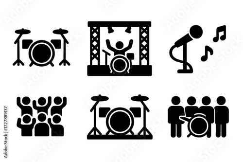 Bass Drum Icon Set. Solid, filled icon set of bass drum performance: drum kit setup, stage, spotlight, drummer silhouette, microphone, music notes, concert