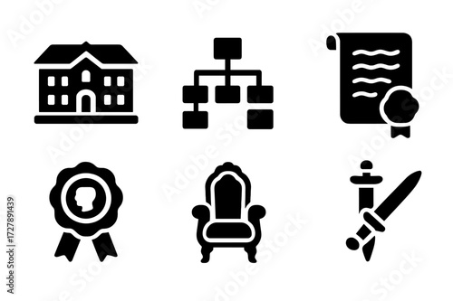Dynasty Legacy Icons. Solid, filled icon set of dynasty legacy: ancestral mansion, family tree diagram, old manuscript, heraldic banner, royal seal, vintage