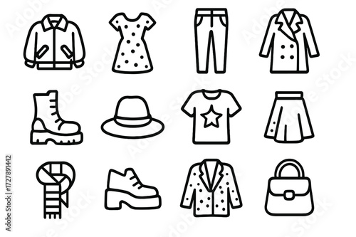 Bold Apparel Icons. Bold apparel icons. Line icon set of bold apparel icons: oversized jacket, patterned dress, leather pants, statement coat, chunky boots,