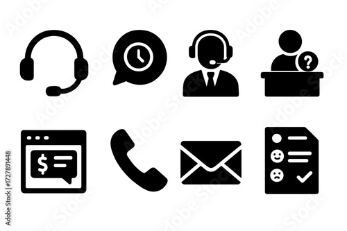 Customer Support Icons. Solid, filled icon set of late payment customer support: headset, speech bubble, customer agent, help desk, chat window,