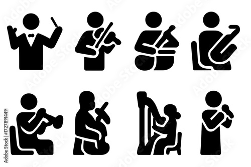 Orchestra Role Icons. Solid, filled icon set of orchestra roles: conductor, first violinist, principal cellist, percussionist, woodwind player, brass player,