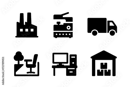 Fixed Assets Icons. Solid, filled icon set of fixed assets: factory building, machinery, office equipment, company vehicle, land plot, furniture, computer,