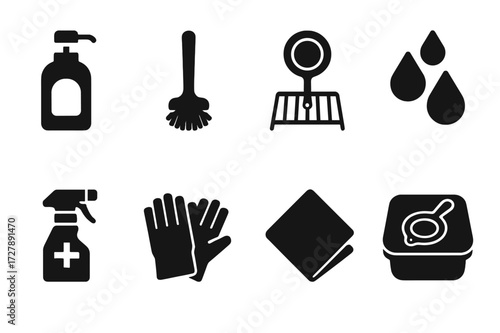 Cleaning Tools Icons. Solid, filled icon set of strainer maintenance and cleaning: soap bottle, cleaning brush, drying rack, water droplets, sanitizer spray,