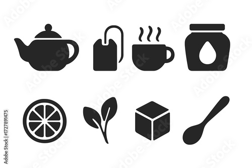 Herbal Tea Icon Set. Solid, filled icon set of herbal infusion: teapot, tea bag, steaming cup, honey jar, lemon slice, herbal leaves, sugar cube, stirring