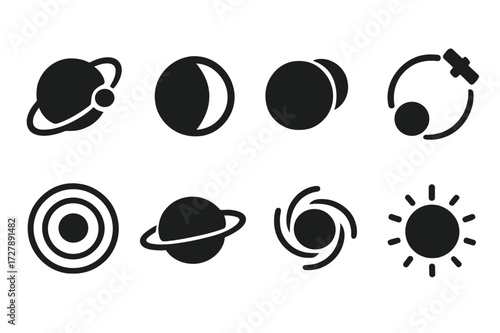 Planetary Icons Collection. Solid, filled icon set of planetary and orbital circles: planet orbit, moon phase, eclipse, satellite path, circular gravity field,