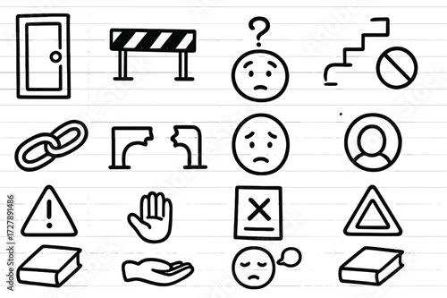Symbolic Barriers Illustrated. Hand-drawn doodle illustration lack of access closed door, barrier, question face, stairs without steps, chain link, broken