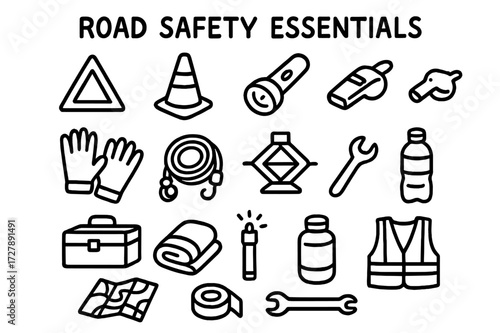 Road Safety Vignette. Hand-drawn doodle illustration Road safety essentials reflective triangle, safety cone, flashlight, whistle, gloves, tow rope, jack,