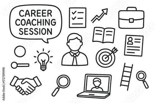 Career Coaching Icons. Hand-drawn doodle illustration [career coaching session] [speech bubble, checklist, mentor icon, notebook, upward arrow, briefcase,
