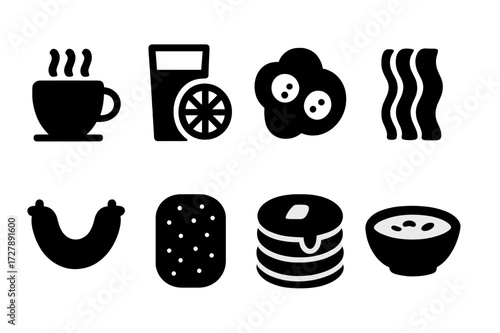 Breakfast Icon Set. Solid, filled icon set of toast breakfast items: coffee cup, orange juice, scrambled eggs, bacon strips, sausage, hash browns, pancakes,